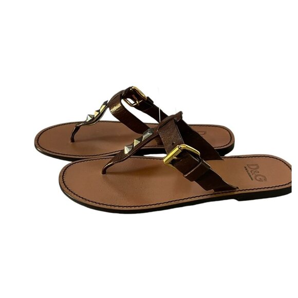 D&G Women's Brown Leather Studded Thong Sandals Made in Italy Size EUR 38.5 US 8 - Picture 5 of 8